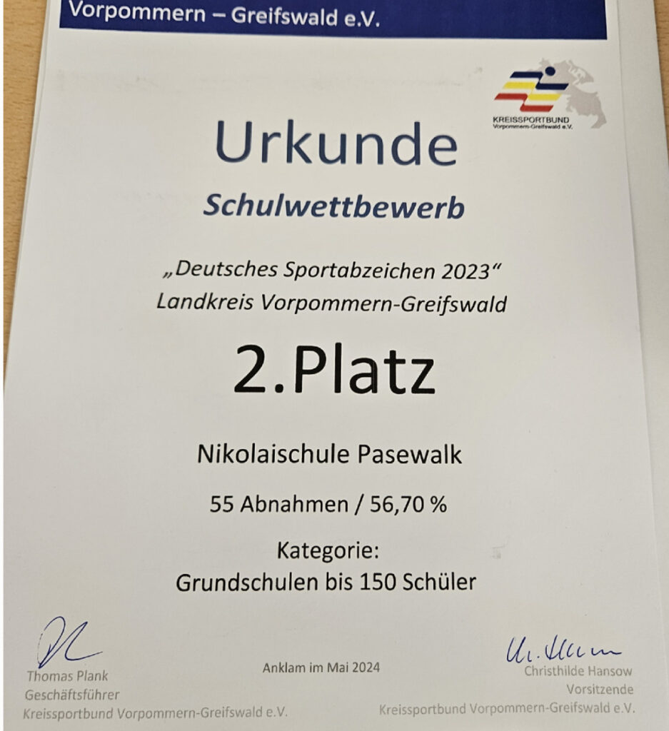 Die Urkunde für den 2. Platz der Kreiswertung.