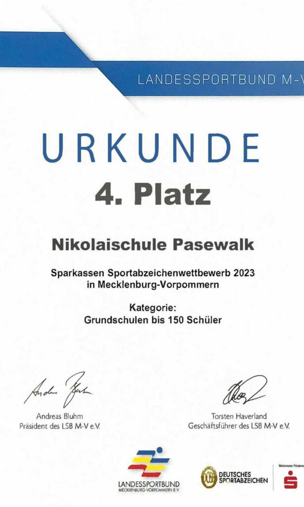 Die Urkunde für den 4. Platz in der Landeswertung.